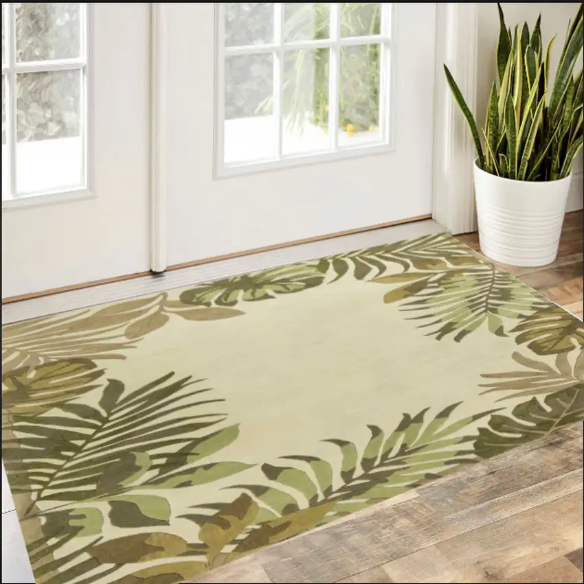 3'X5' Ivory Hand Tufted Bordered Tropical Leaves Indoor Area Rug Photo 1