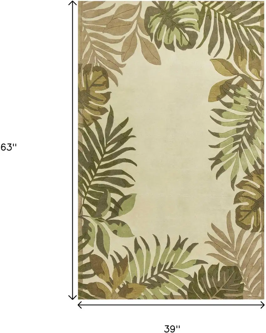 Ivory And Green Wool Botanical Leaves Hand Tufted Area Rug Photo 6