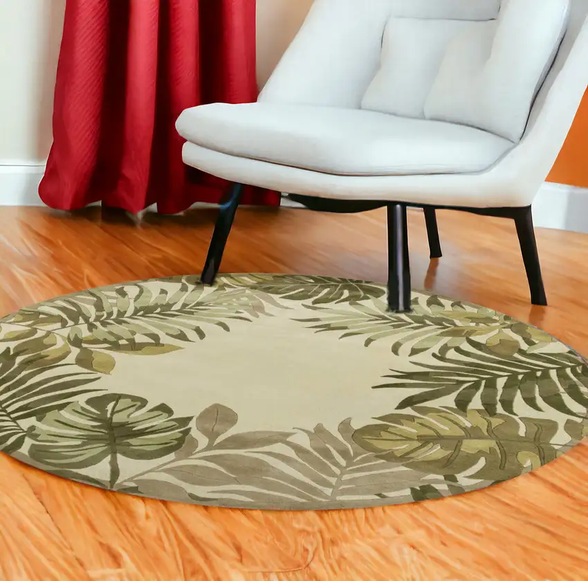 8' Ivory Hand Tufted Bordered Tropical Leaves Round Indoor Area Rug Photo 1