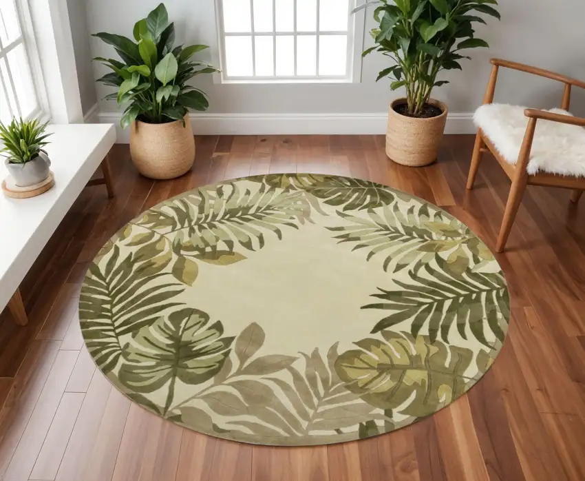 8' Ivory And Green Wool Botanical Leaves Hand Tufted Round Rug Photo 1