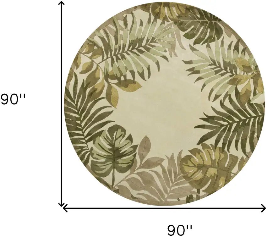 Ivory Hand Tufted Bordered Tropical Leaves Round Indoor Area Rug Photo 8