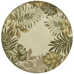 Photo of Ivory Hand Tufted Bordered Tropical Leaves Round Indoor Area Rug