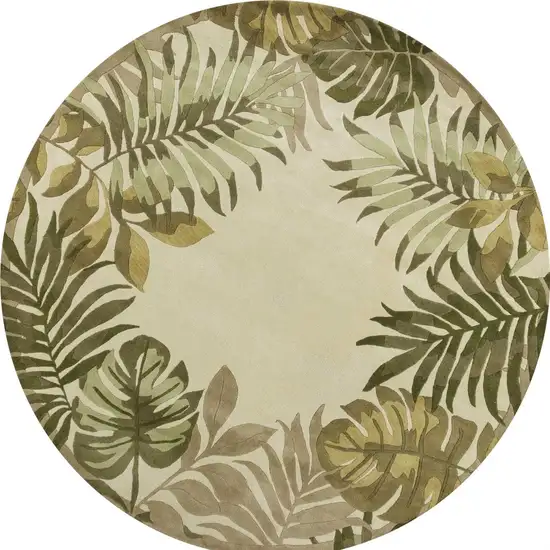 8' Ivory And Green Wool Botanical Leaves Hand Tufted Round Rug Photo 5