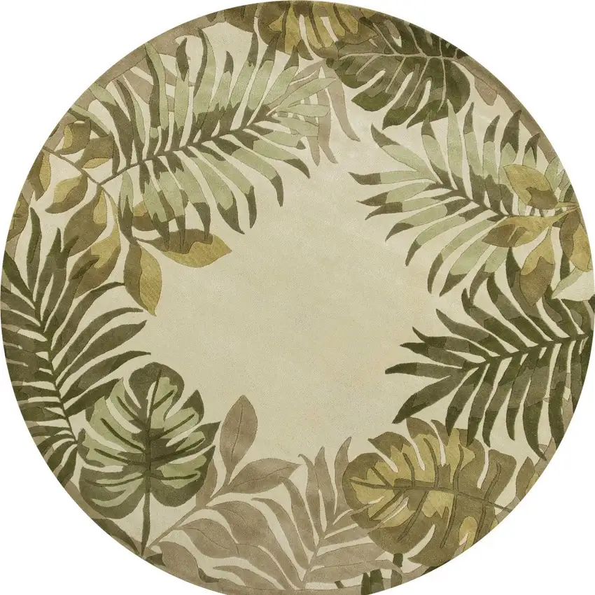 8' Ivory And Green Wool Botanical Leaves Hand Tufted Round Rug Photo 5