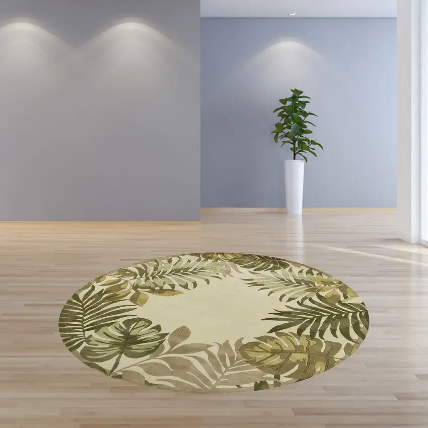 Ivory Hand Tufted Bordered Tropical Leaves Round Indoor Area Rug Photo 6