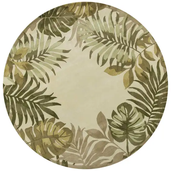 8' Ivory And Green Wool Botanical Leaves Hand Tufted Round Rug Photo 4
