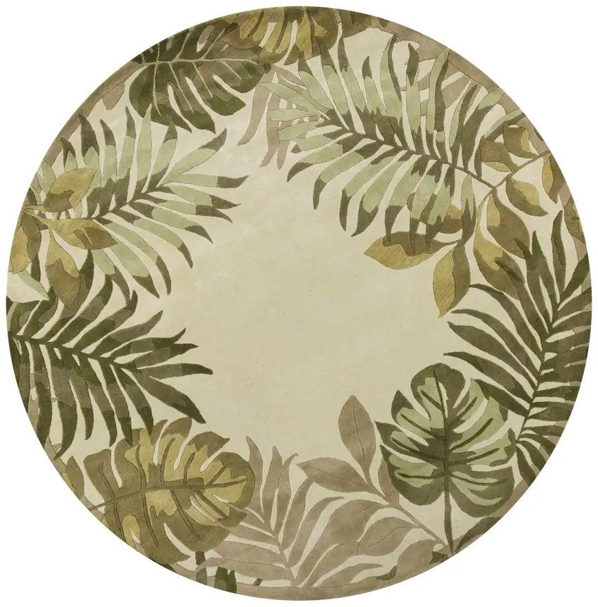 8' Ivory And Green Wool Botanical Leaves Hand Tufted Round Rug Photo 4