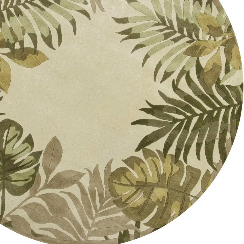 8' Ivory And Green Wool Botanical Leaves Hand Tufted Round Rug Photo 6