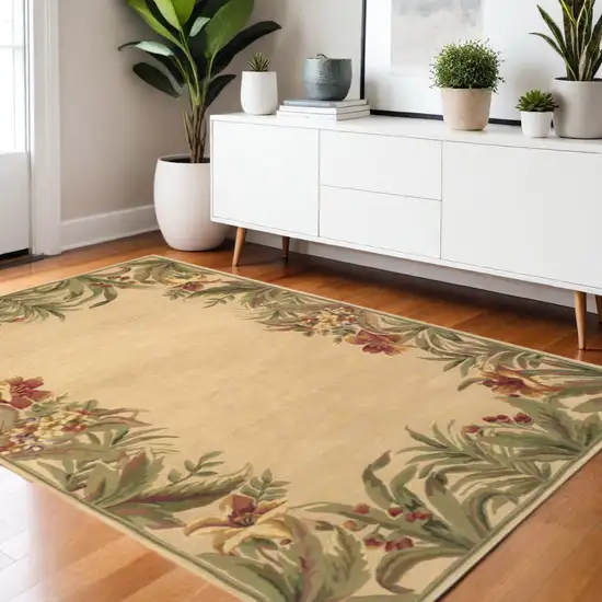 Beige Red And Green Wool Tropical Floral Hand Tufted Area Rug Photo 1