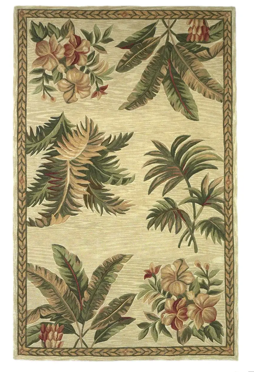 Ivory Hand Tufted Bordered Tropical Plants Indoor Area Rug Photo 3