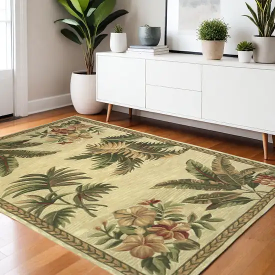 Ivory Green And Brown Genuine Wool Tropical Botanical Hand Tufted Area Rug Photo 1