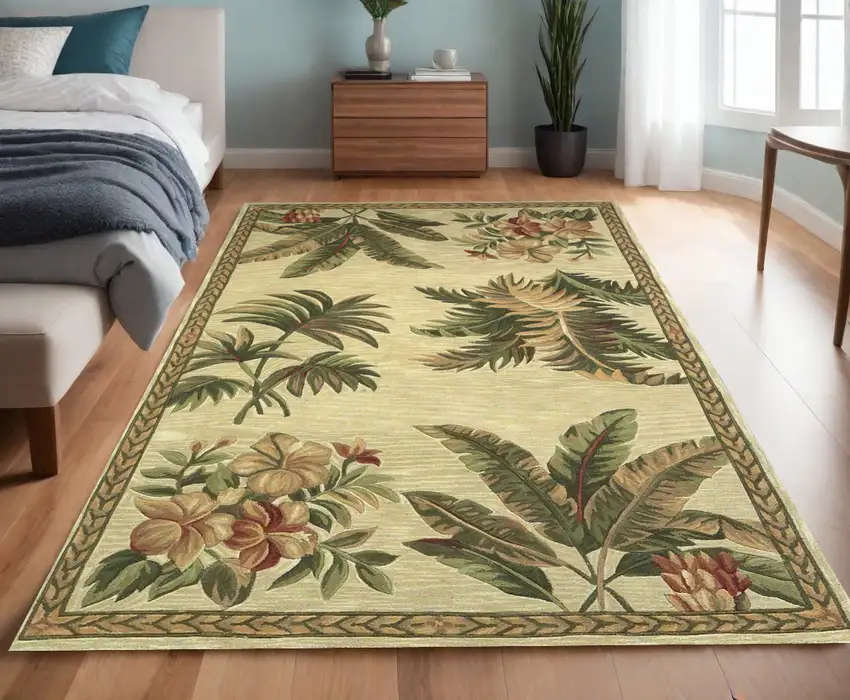 Ivory and Green Tropical Botanical Hand Tufted Area Rug Photo 1