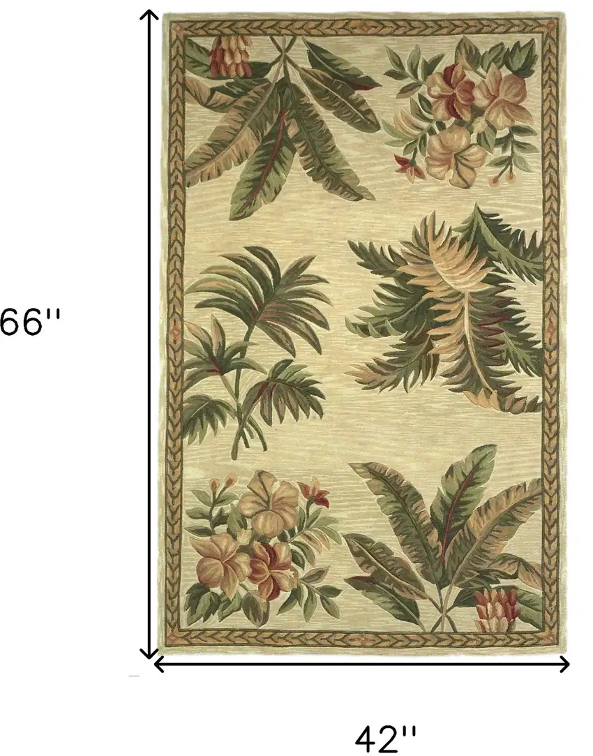 Ivory Hand Tufted Bordered Tropical Plants Indoor Area Rug Photo 4