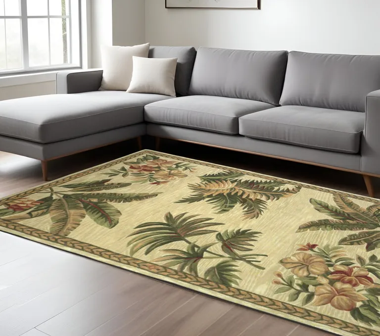 Ivory Hand Tufted Bordered Tropical Plants Indoor Area Rug Photo 5