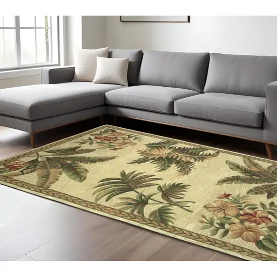Ivory Green And Brown Wool Tropical Botanical Hand Tufted Area Rug Photo 1