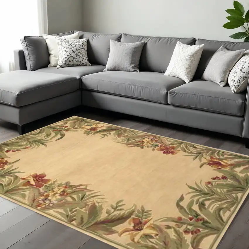 Beige Red And Green Wool Tropical Floral Hand Tufted Area Rug Photo 1