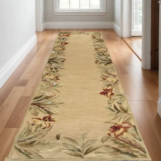 10' Beige Red And Green Wool Tropical Floral Hand Tufted Runner Rug Photo 1