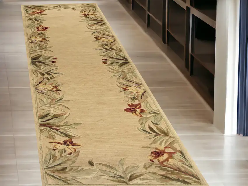 10' Ivory Hand Tufted Bordered Tropical Plants Indoor Runner Rug Photo 1