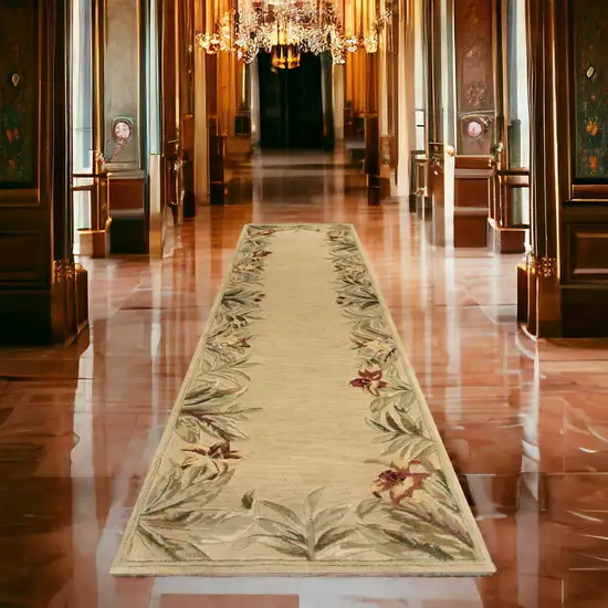 10' Ivory Hand Tufted Bordered Tropical Plants Indoor Runner Rug Photo 1