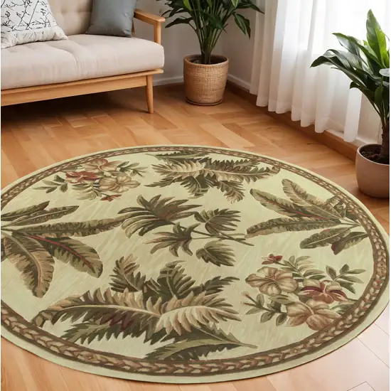 8' Ivory Green And Brown Wool Tropical Botanical Hand Tufted Round Rug Photo 1