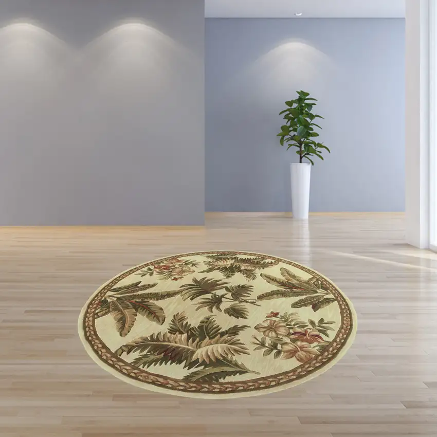 Ivory Hand Tufted Bordered Tropical Plants Round Indoor Area Rug Photo 3