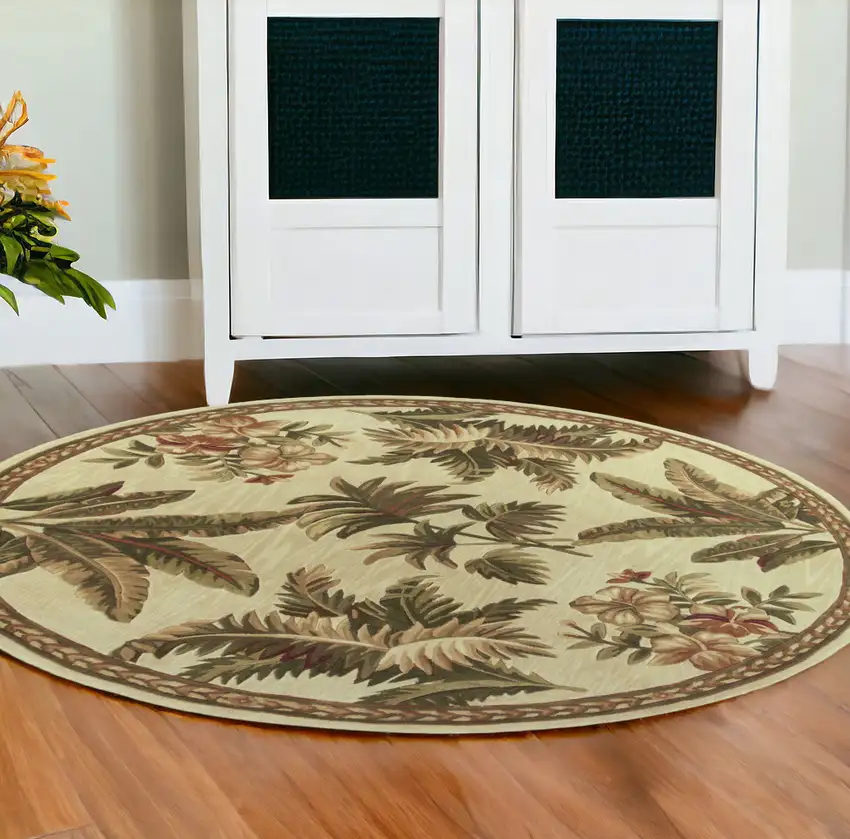 8' Ivory Hand Tufted Bordered Tropical Plants Round Indoor Area Rug Photo 1
