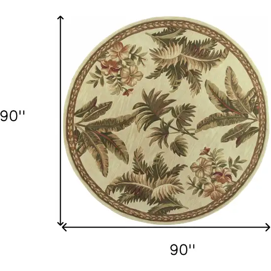 8' Ivory Green And Brown Wool Tropical Botanical Hand Tufted Round Rug Photo 3