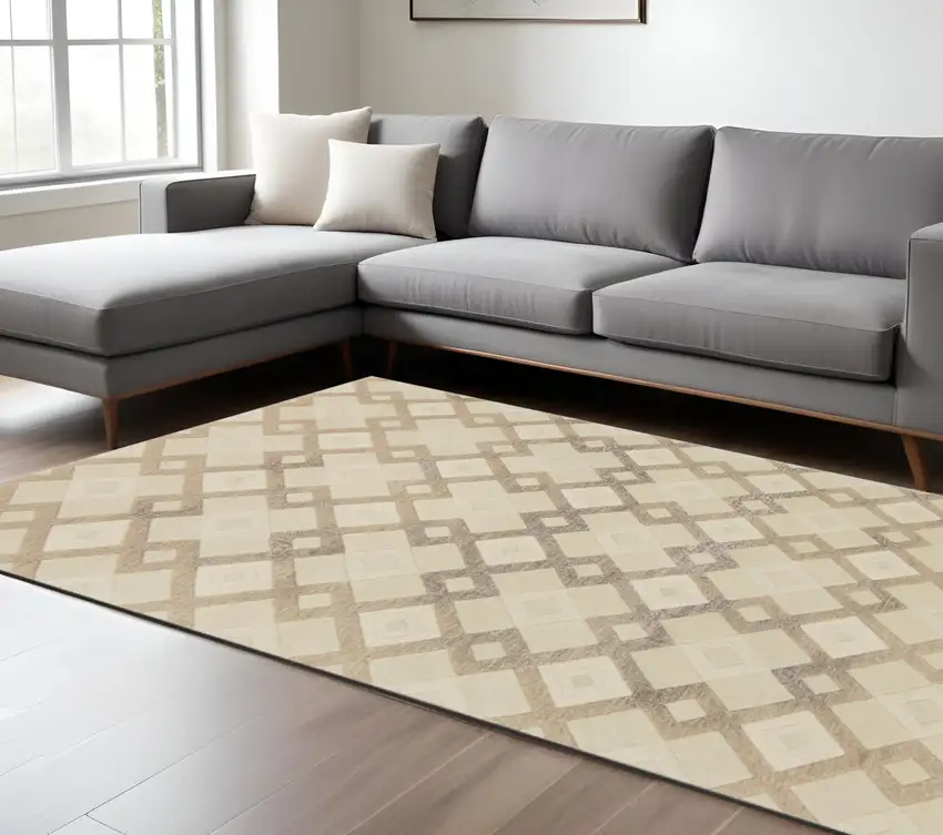 Ivory And Brown Wool Geometric Hand Tufted Area Rug Photo 1