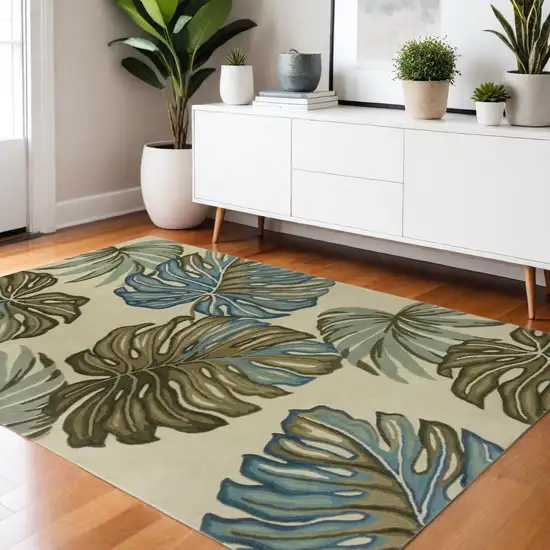 Brown Blue And Green Wool Tropical Botanical Hand Tufted Area Rug Photo 2