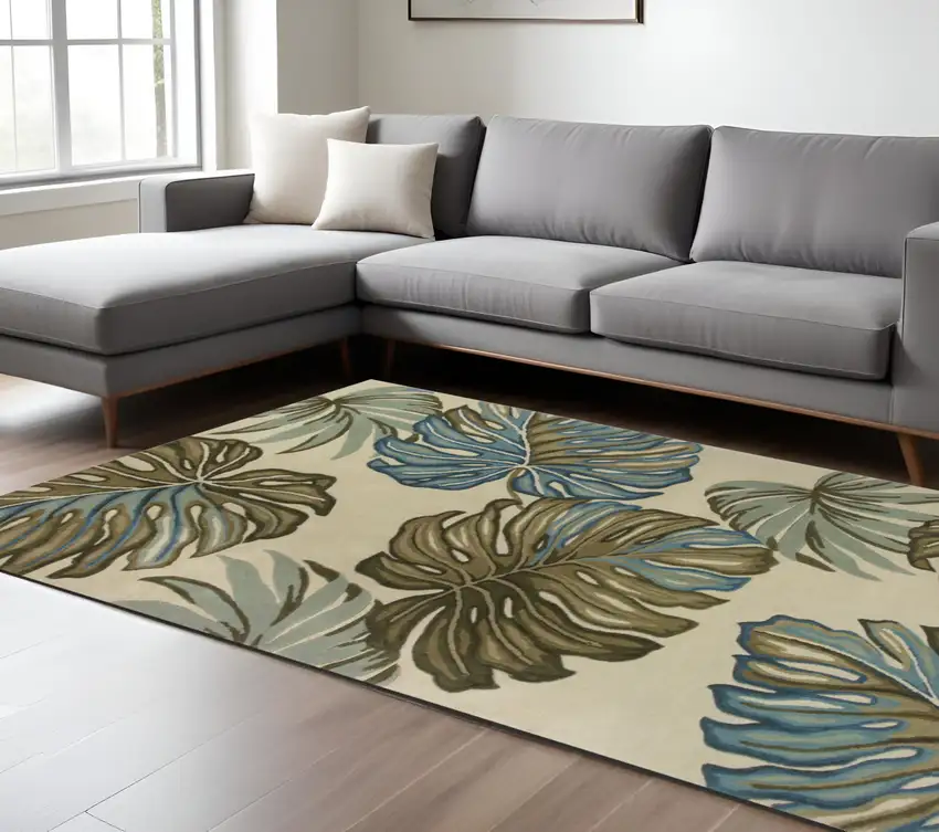 Brown Blue And Green Wool Tropical Botanical Hand Tufted Area Rug Photo 2