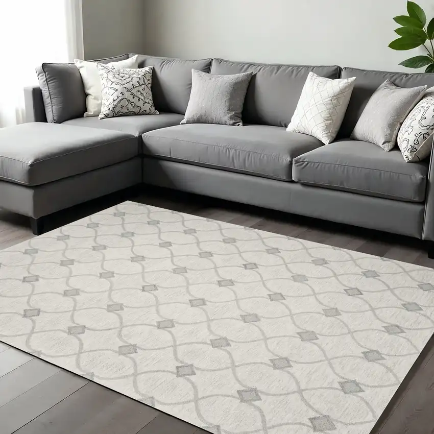 Ivory And Gray Wool Ogee Hand Tufted Area Rug Photo 1