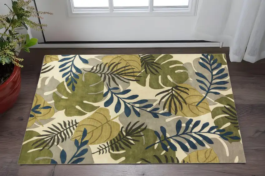 Ivory Green And Blue Wool Botanical Leaves Hand Tufted Area Rug Photo 1