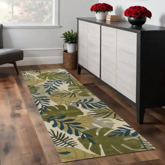8' Ivory Green And Blue Wool Botanical Leaves Hand Tufted Runner Rug Photo 1