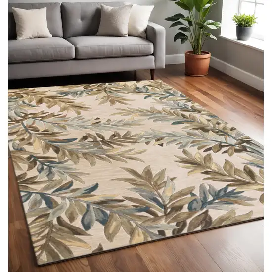 Ivory Brown And Blue Wool Botanical Leaves Hand Tufted Area Rug Photo 1