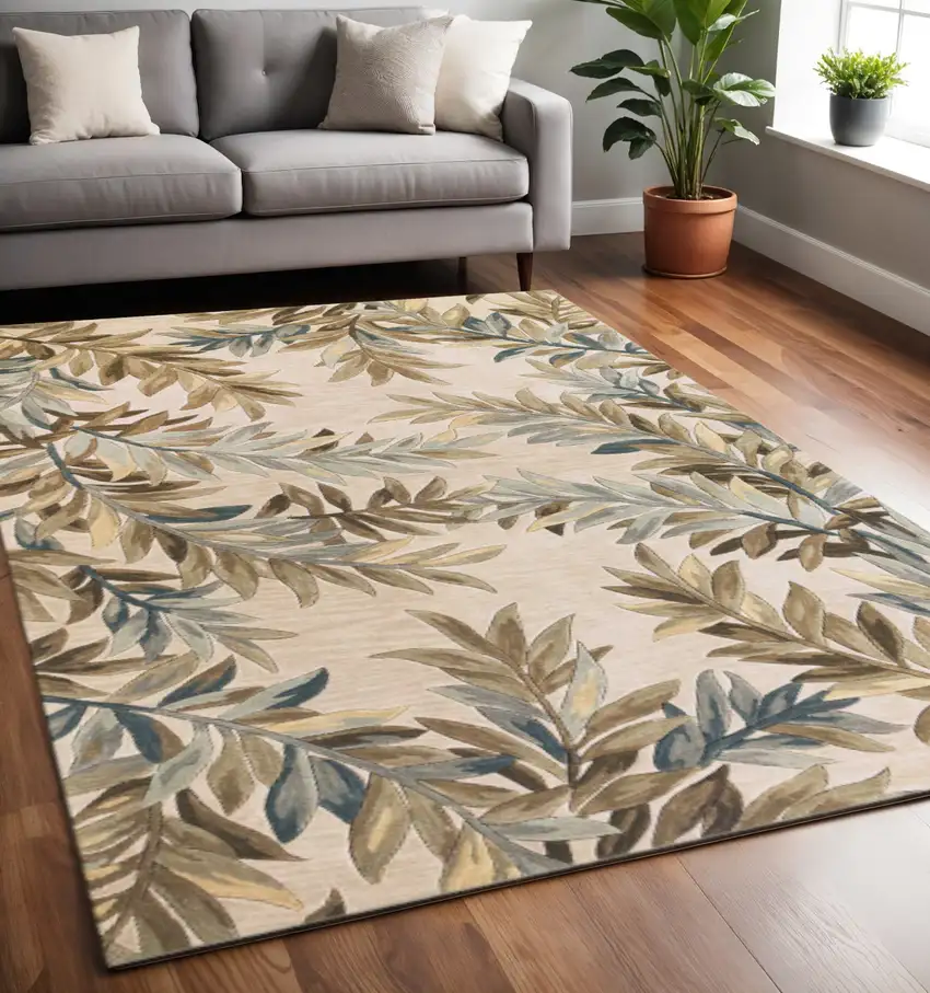 Ivory Brown And Blue Wool Botanical Leaves Hand Tufted Area Rug Photo 1