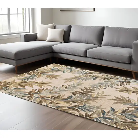 Ivory Brown And Blue Wool Botanical Leaves Hand Tufted Area Rug Photo 1