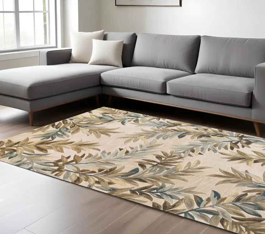 Ivory Brown And Blue Wool Botanical Leaves Hand Tufted Area Rug Photo 1