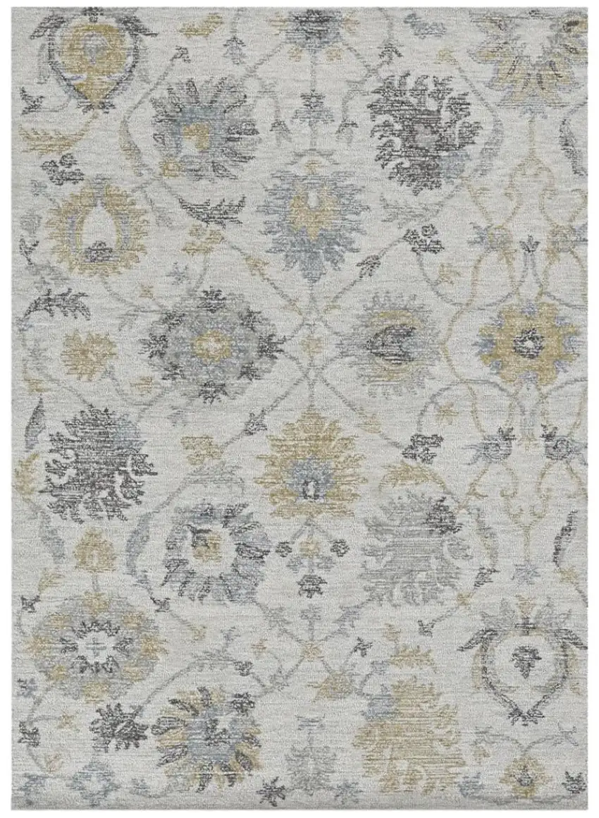 Ivory Yellow And Gray Wool Floral Hand Tufted Distressed Area Rug Photo 2