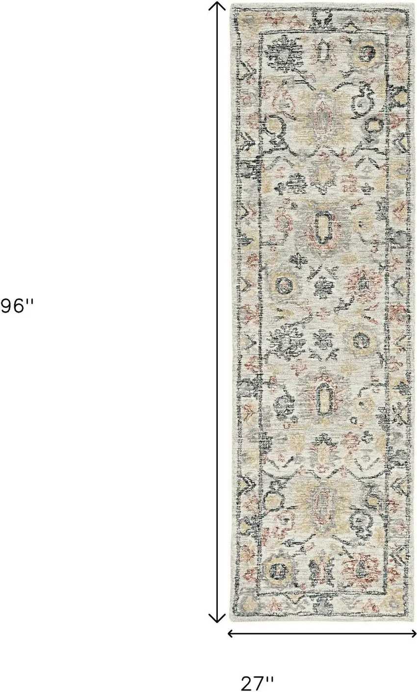 8' Ivory Gray And Red Wool Medallion Hand Tufted Runner Rug Photo 3