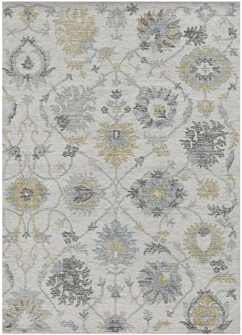Ivory Gray And Green Wool Floral Hand Tufted Distressed Area Rug Photo 1