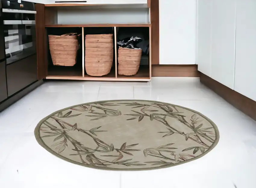 6' Ivory Hand Tufted Tropical Bamboo Round Indoor Area Rug Photo 1