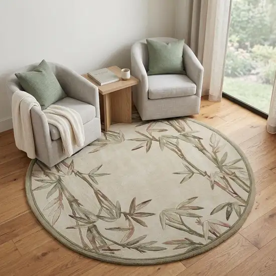 6' Ivory Green And Brown Wool Botanical Leaves Hand Tufted Round Rug Photo 1