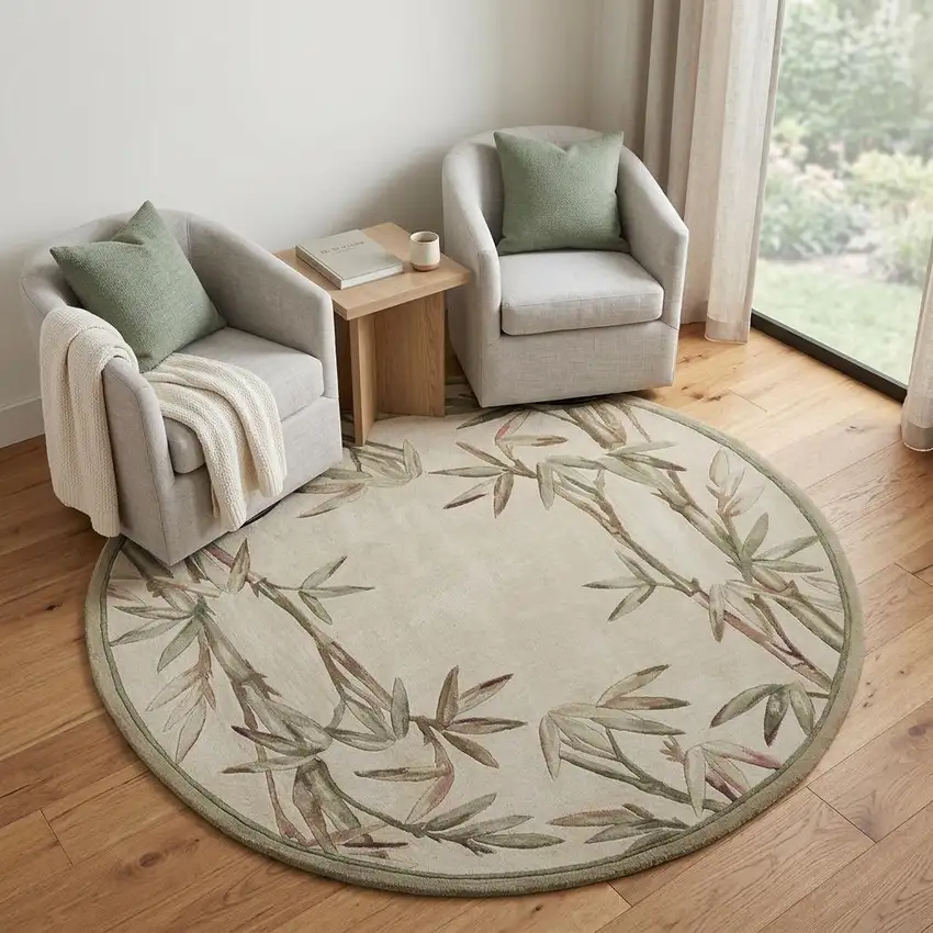 6' Ivory Green And Brown Wool Botanical Leaves Hand Tufted Round Rug Photo 1