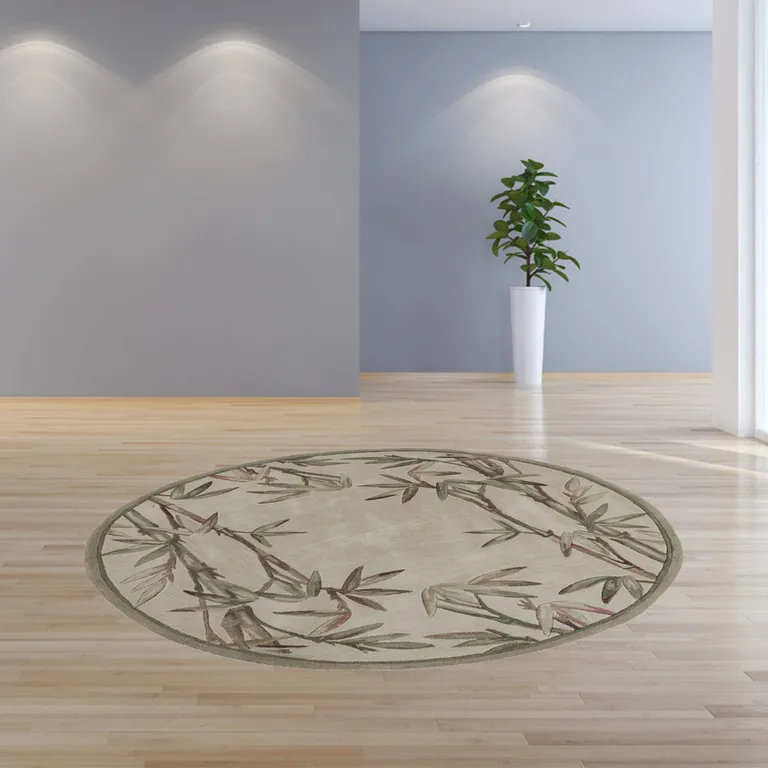 Ivory Hand Tufted Tropical Bamboo Round Indoor Area Rug Photo 4