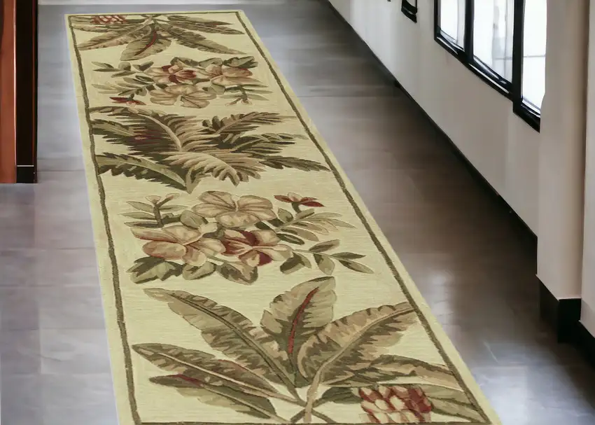 10' Ivory Hand Tufted Tropical Indoor Runner Rug Photo 1