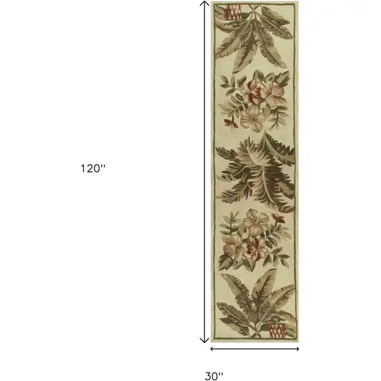 10' Ivory Green And Brown Wool Tropical Botanical Hand Tufted Runner Rug Photo 3