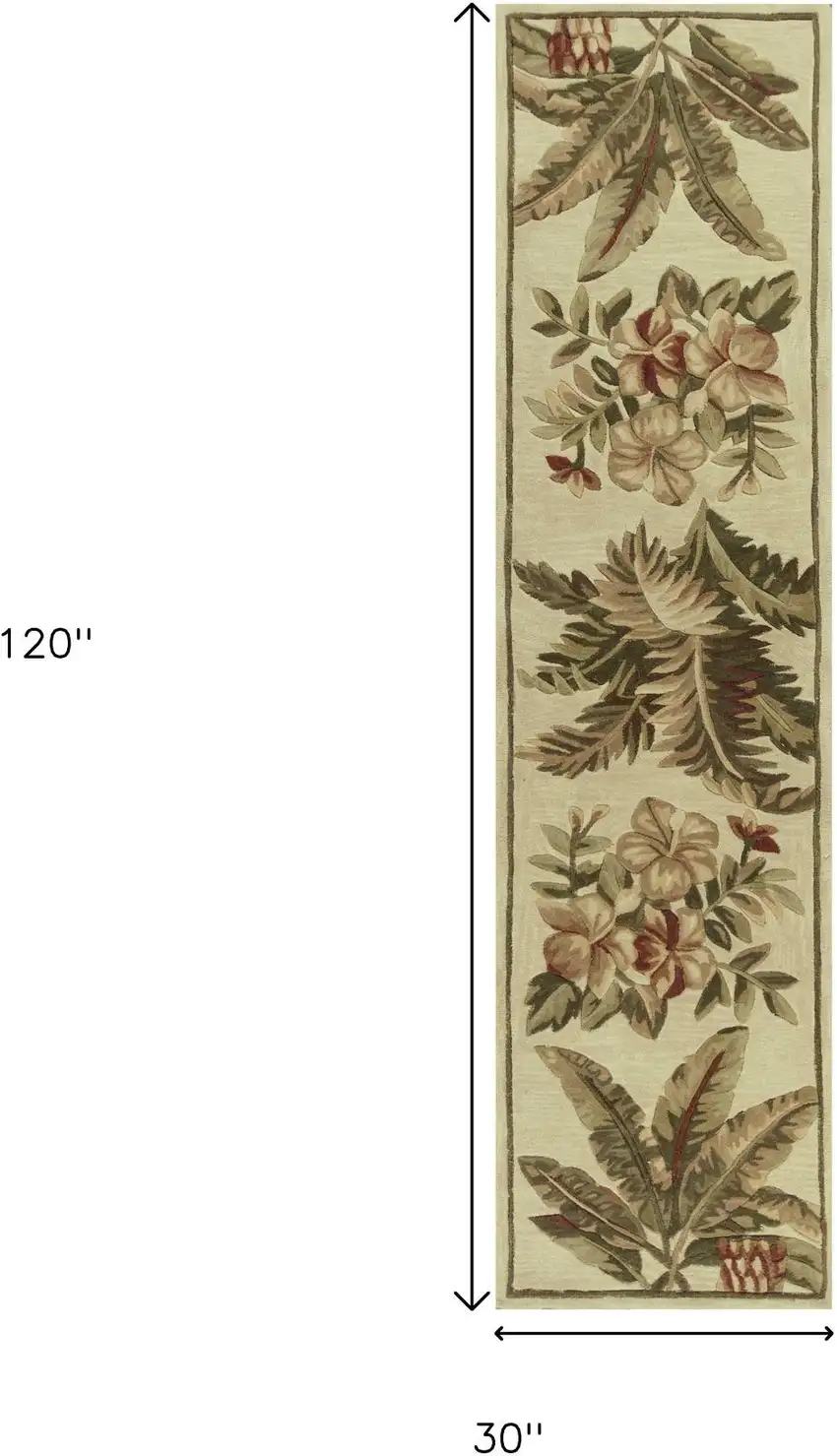 10' Ivory Green And Brown Wool Tropical Botanical Hand Tufted Runner Rug Photo 3