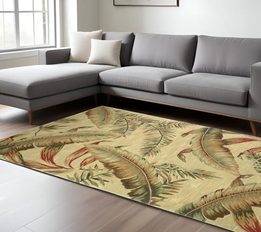 Brown Green And Red Wool Tropical Botanical Hand Tufted Area Rug Photo 2