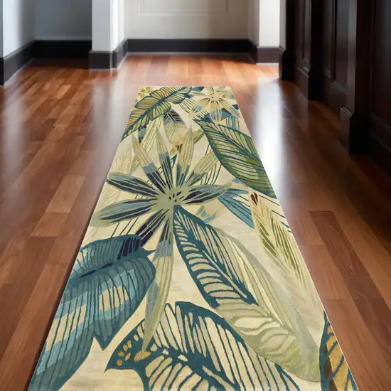 10' Ivory Teal And Green Wool Tropical Botanical Hand Tufted Runner Rug Photo 1