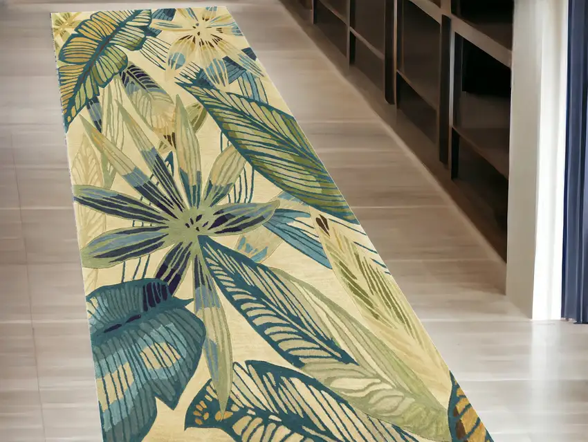 10' Ivory Hand Tufted Tropical Leaves Indoor Runner Rug Photo 2